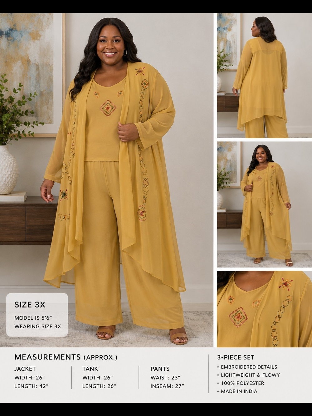 Original Ankh 3X Mustard Yellow 3-Piece Embroidered Pant Set Duster Tank Pants